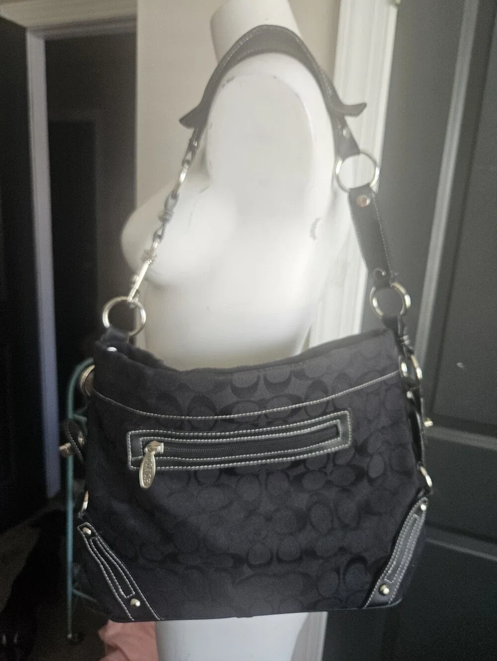 Vintage Coach Black Signature Jacquard Canvas Leather Trim Hobo Shoulder Bag Y2K